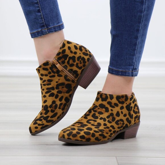 Faux Suede Leopard Low Heel Ankle Boots - Picture 10 of 13